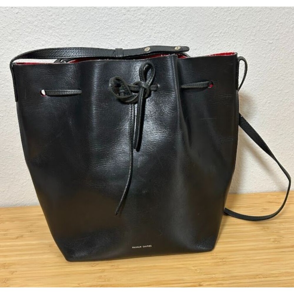 Mansur Gavriel Cinch Closure Leather Bucket Bag Black Red Shoulder Purse